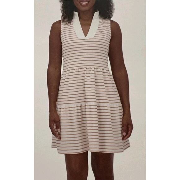 Nautica New Knit Sleeveless Dress Women's XL Tiered Almond Ivory Stripe Pockets - Picture 1 of 10